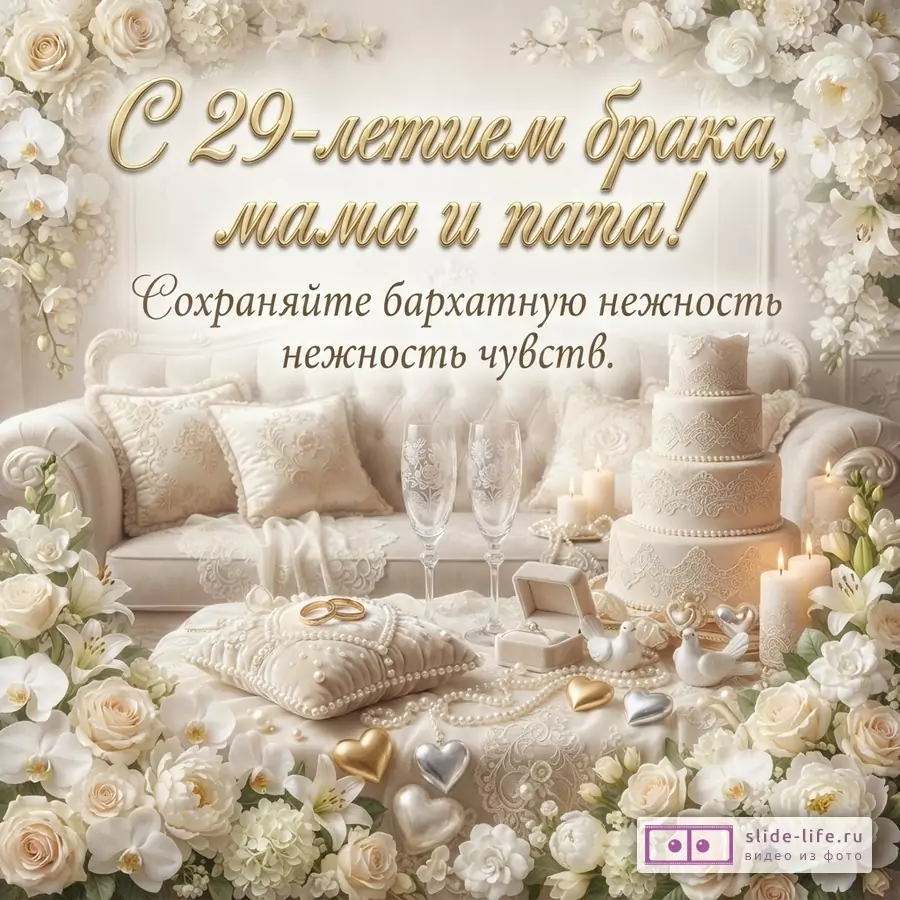 Бежевый фон, белые и кремовые розы, орхидеи. В центре диван, два бокала, свадебный торт, подушечка с кольцами. Текст: «С 29-летием брака, мама и папа! Сохраняйте бархатную нежность нежность чувств.»