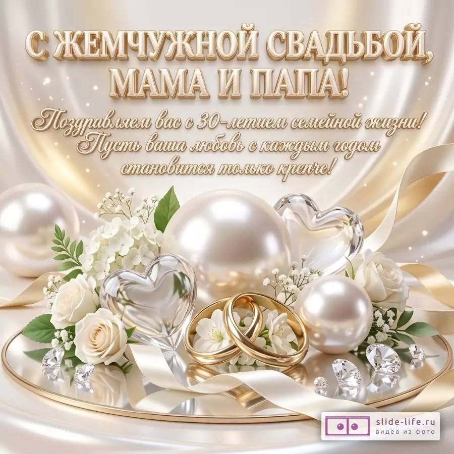 Бежево-золотой праздничный фон с жемчужными шарами, белыми розами, сердцами, лентами и золотыми кольцами. Текст: «С ЖЕМЧУЖНОЙ СВАДЬБОЙ, МАМА И ПАПА! Поздравляем вас с 30-летием семейной жизни! Пусть ваша любовь с каждым годом становится только крепче!»