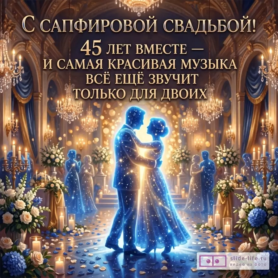 Темно-синий и золотой зал с люстрами, свечами и цветами, в центре танцующая пара. Текст: «С сапфировой свадьбой! 45 лет вместе — и самая красивая музыка всё ещё звучит только для двоих»
