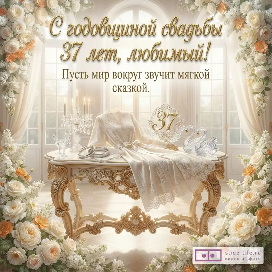 Открытка с бежевым фоном, украшенная цветами и занавесками. На переднем плане стол с халатом, кольцами, подсвечником и лебедями. Текст: «С годовщиной свадьбы 37 лет, любимый! Пусть мир вокруг звучит мягкой сказкой.»