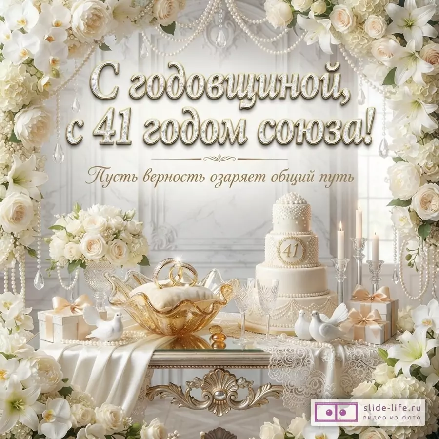 Белый фон, цветочная арка из белых роз и орхидей, жемчужные нити. В центре надпись «С годовщиной, с 41 годом союза! Пусть верность озаряет общий путь». На столе свадебный торт с цифрой «41», обручальные кольца на подушке, белые голуби, свечи.