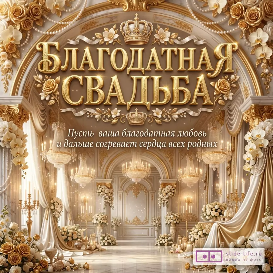 Золотисто-белая открытка с дворцовым интерьером, люстрами, колоннами, цветами, коронами и текстом «БЛАГОДАТНАЯ СВАДЬБА» и «Пусть ваша благодатная любовь и дальше согревает сердца всех родных»