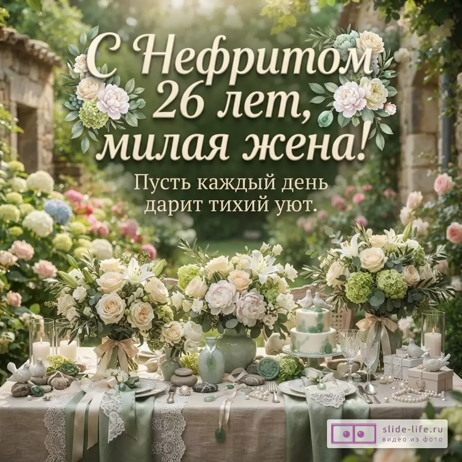 Текст «С Нефритом 26 лет, милая жена! Пусть каждый день дарит тихий уют.» на фоне сада с цветочными композициями и сервированным столом в светло-зеленых и бежевых тонах.