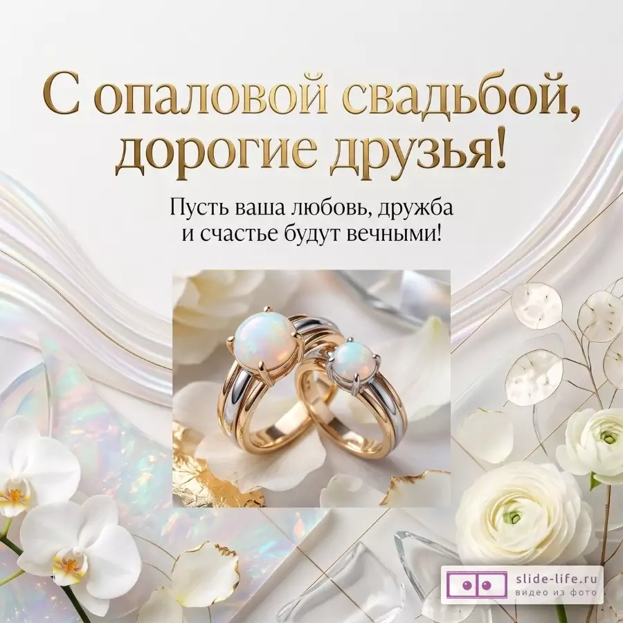 Кремово-белый фон с жемчужным отливом, цветами и двумя опаловыми кольцами; текст «С опаловой свадьбой, дорогие друзья! Пусть ваша любовь, дружба и счастье будут вечными!»