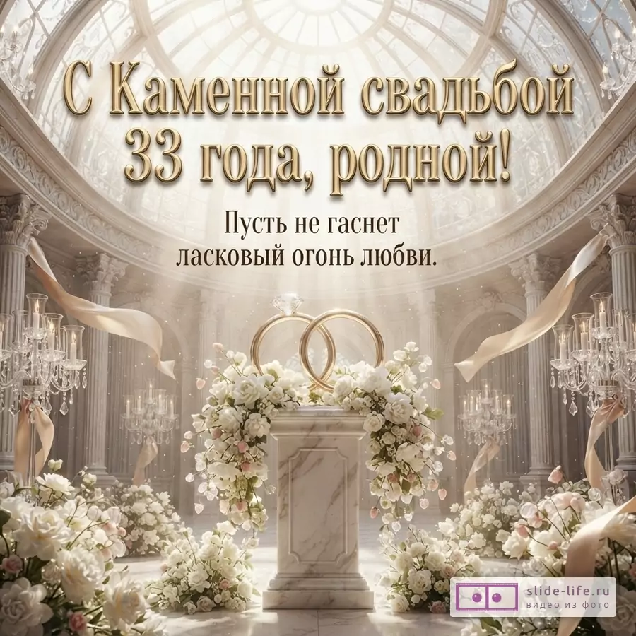 Открытка с золотыми буквами на фоне роскошного интерьера с колоннами, цветами и обручальными кольцами. Текст: «С Каменной свадьбой 33 года, родной! Пусть не гаснет ласковый огонь любви.»