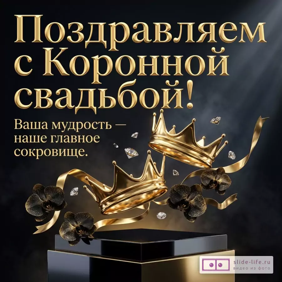 Золотые короны, темные орхидеи и кристаллы на черном подиуме с надписью «Поздравляем с Коронной свадьбой! Ваша мудрость — наше главное сокровище.».