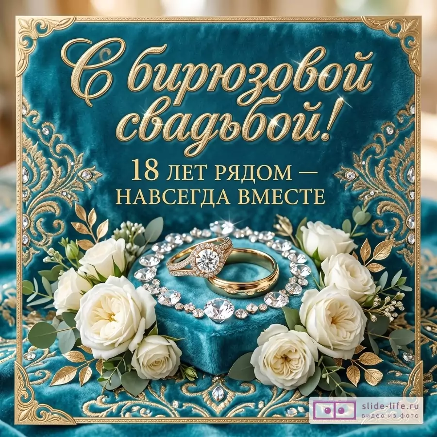 Бирюзовый фон с золотым орнаментом, белые розы, обручальные кольца и ожерелье с камнями. Текст: «С бирюзовой свадьбой! 18 лет рядом — навсегда вместе»