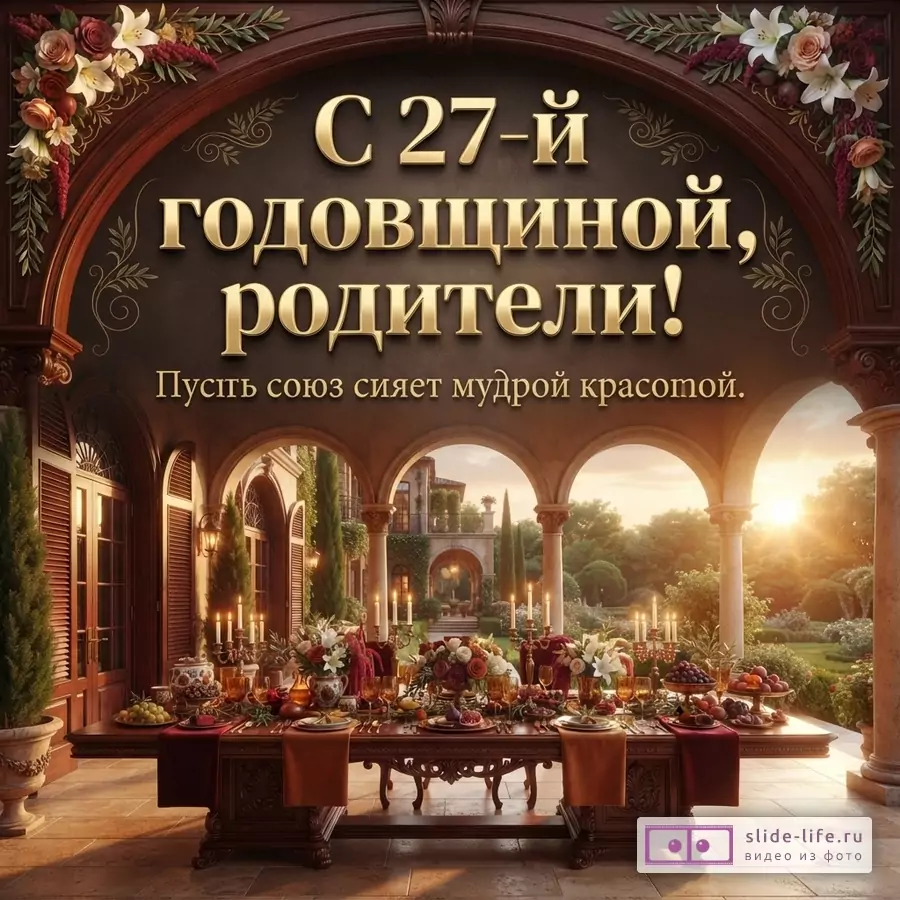 Открытка с золотым текстом на темном фоне в арке, украшенной цветами. «С 27-й годовщиной, родители! Пусть союз сияет мудрой красотой.»