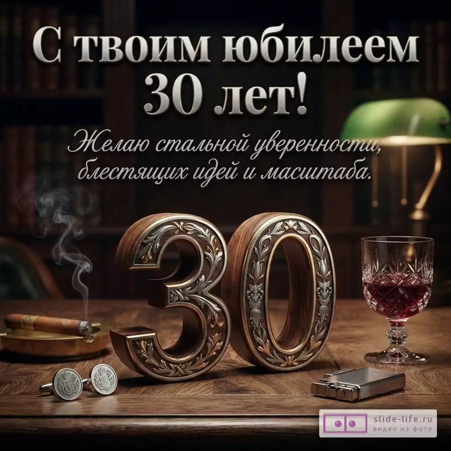 Деревянные резные цифры 30, бокал с напитком, сигара и запонки на столе кабинета с надписью «С твоим юбилеем 30 лет! Желаю стальной уверенности, блестящих идей и масштаба.»