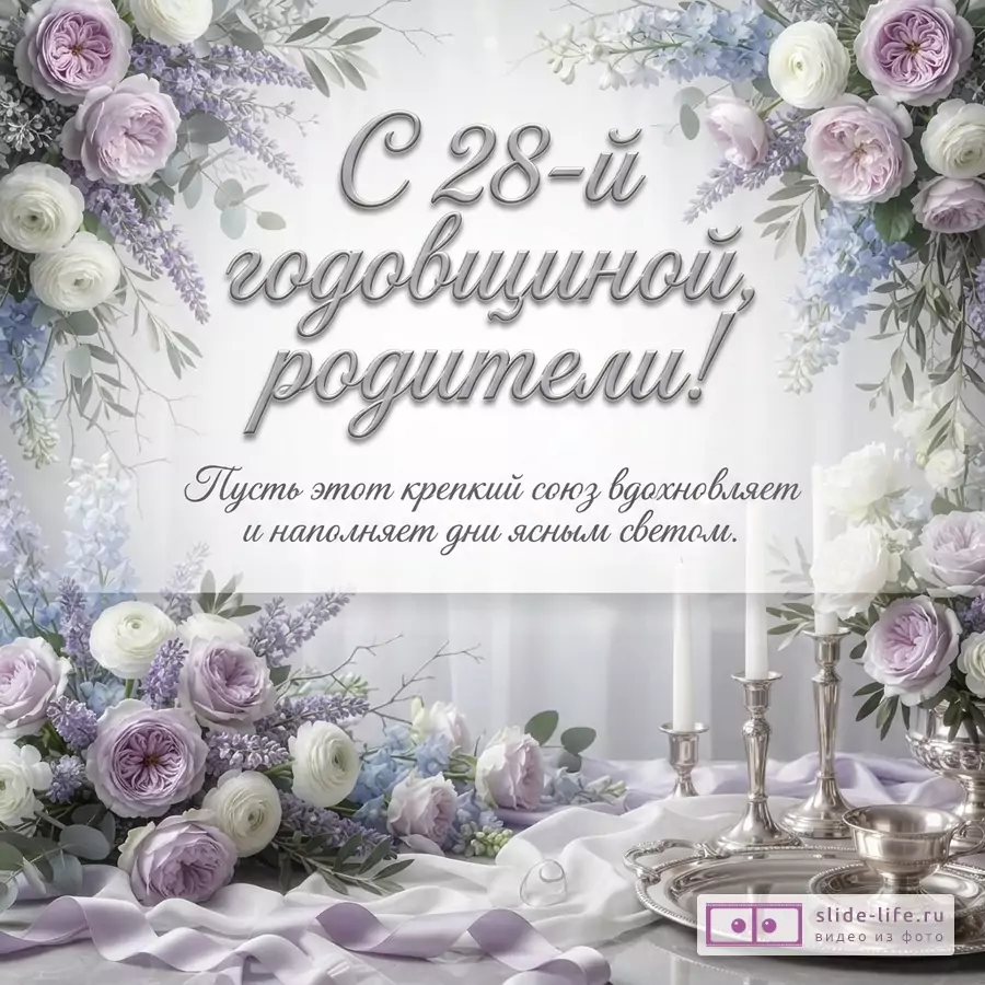 Открытка с цветами сиреневых и белых оттенков, на переднем плане серебряная посуда и свечи. Текст: «С 28-й годовщиной, родители! Пусть этот крепкий союз вдохновляет и наполняет дни ясным светом.»