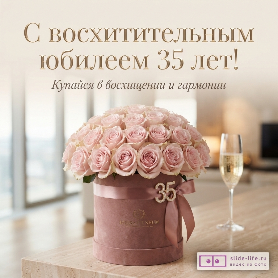 Круглая бархатная коробка с розовыми розами, бокал шампанского и надпись «С восхитительным юбилеем 35 лет! Купайся в восхищении и гармонии».