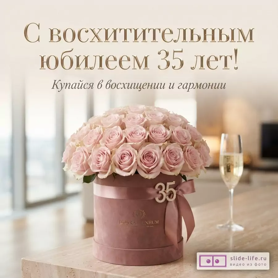Круглая бархатная коробка с розовыми розами, бокал шампанского и надпись «С восхитительным юбилеем 35 лет! Купайся в восхищении и гармонии».