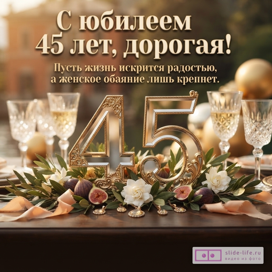 Открытка с фоном размытого праздничного стола, бокалами шампанского, золотыми шарами. В центре композиция из цифр 45 золотого цвета, украшенная зеленью, белыми цветами, инжиром и персиковой лентой. Текст сверху: «С юбилеем 45 лет, дорогая! Пусть жизнь искрится радостью, а женское обаяние лишь крепнет.»