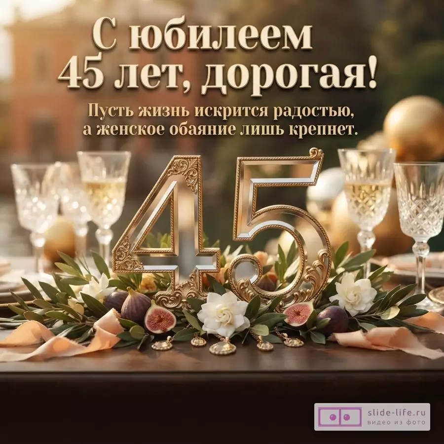 Открытка с фоном размытого праздничного стола, бокалами шампанского, золотыми шарами. В центре композиция из цифр 45 золотого цвета, украшенная зеленью, белыми цветами, инжиром и персиковой лентой. Текст сверху: «С юбилеем 45 лет, дорогая! Пусть жизнь искрится радостью, а женское обаяние лишь крепнет.»