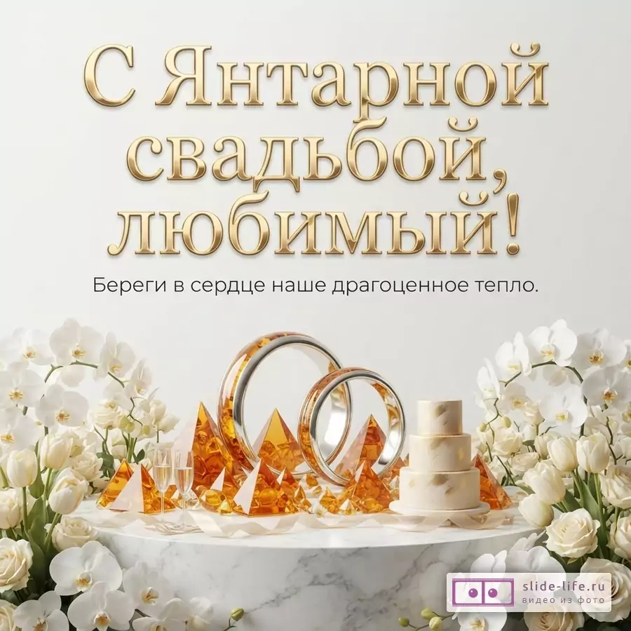 Белый фон, золотые буквы, обручальные кольца, янтарные пирамиды, белый торт, белые цветы. Текст: «С Янтарной свадьбой, любимый! Береги в сердце наше драгоценное тепло.»