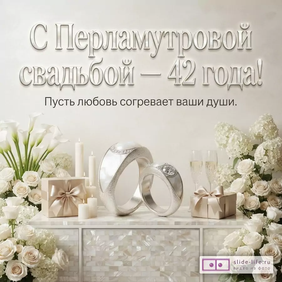 Светлая открытка с бежево-белым фоном, крупной надписью «С Перламутровой свадьбой — 42 года!», текстом «Пусть любовь согревает ваши души.», кольцами, цветами, свечами и подарочными коробками.
