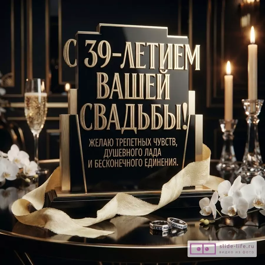 Черно-золотая открытка с текстом «С 39-летием вашей свадьбы! Желаю трепетных чувств, душевного лада и бесконечного единения.» на черном фоне с золотыми буквами, бокалом шампанского, свечами, орхидеями и обручальными кольцами.