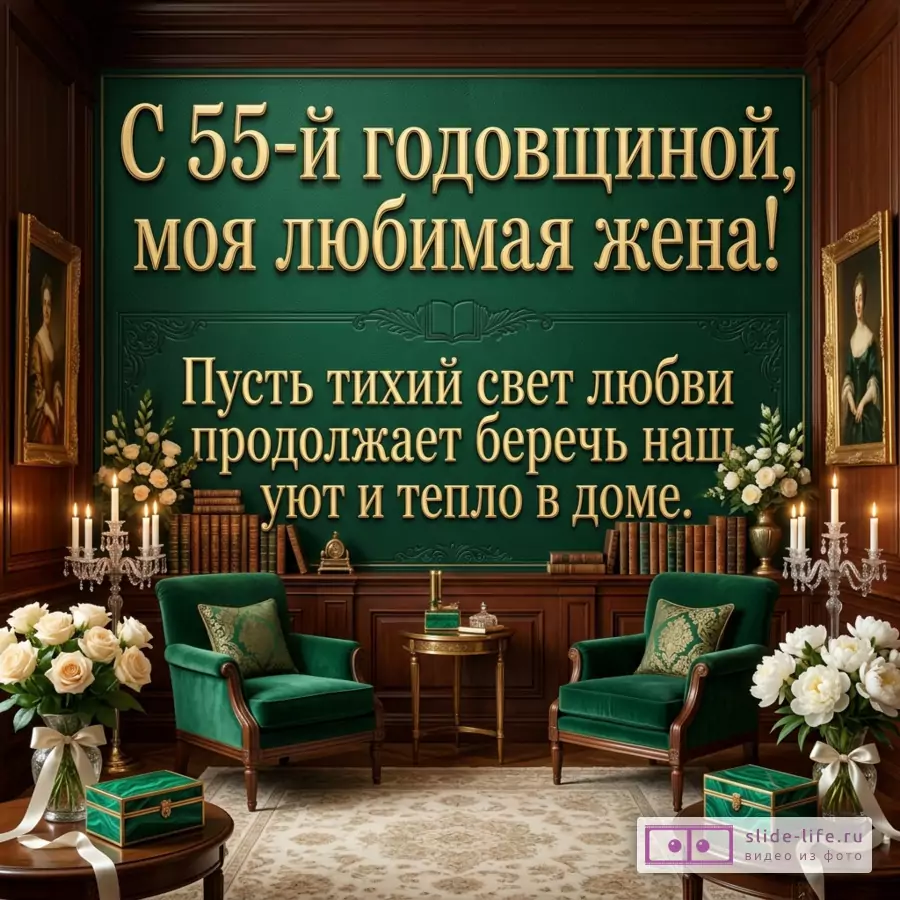 Открытка с зеленым фоном и золотым текстом «С 55-й годовщиной, моя любимая жена! Пусть тихий свет любви продолжает беречь наш уют и тепло в доме.» деревянный интерьер, зеленые кресла, свечи, белые цветы, книги