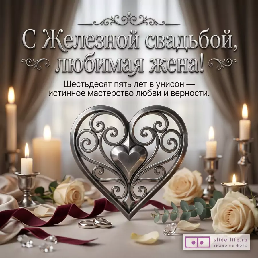 Светлый фон с коричневыми шторами, свечи, белые розы, кольца, бордовая лента, металлическое сердце с узором, текст «С Железной свадьбой, любимая жена! Шестьдесят пять лет в унисон — истинное мастерство любви и верности.»
