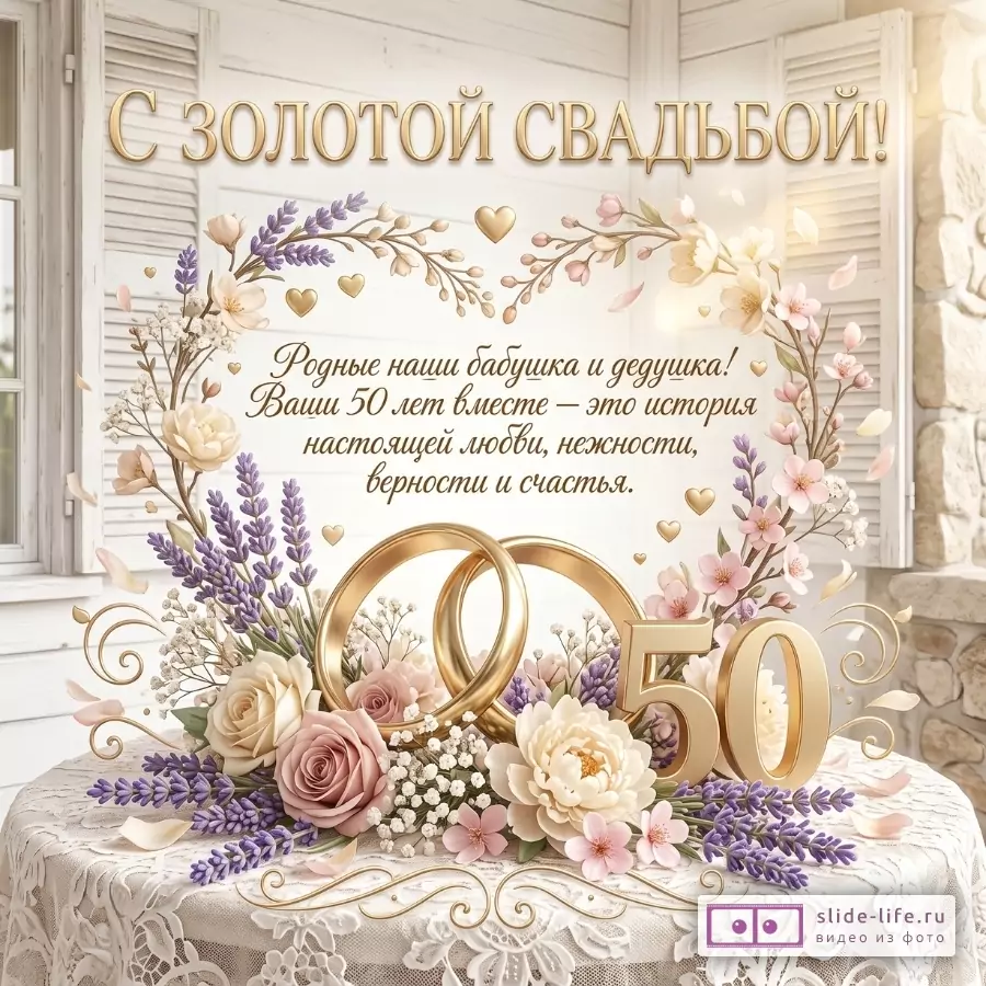 Бежево-розовая открытка с цветами, золотыми кольцами и цифрой 50. Текст: «С ЗОЛОТОЙ СВАДЬБОЙ!»