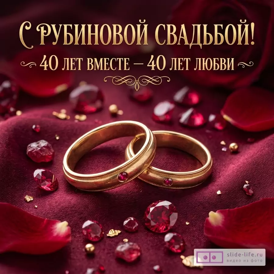 Бордовый фон с золотыми обручальными кольцами, рубиновыми камнями и лепестками роз. Текст: «С РУБИНОВОЙ СВАДЬБОЙ! 40 ЛЕТ ВМЕСТЕ — 40 ЛЕТ ЛЮБВИ».