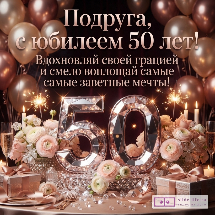 Открытка с фоном из золотистых шаров, на переднем плане цифры «50» из кристаллов, цветы, свечи, бокалы с шампанским и подарки. Текст: «Подруга, с юбилеем 50 лет! Вдохновляй своей грацией и смело воплощай самые заветные мечты!»