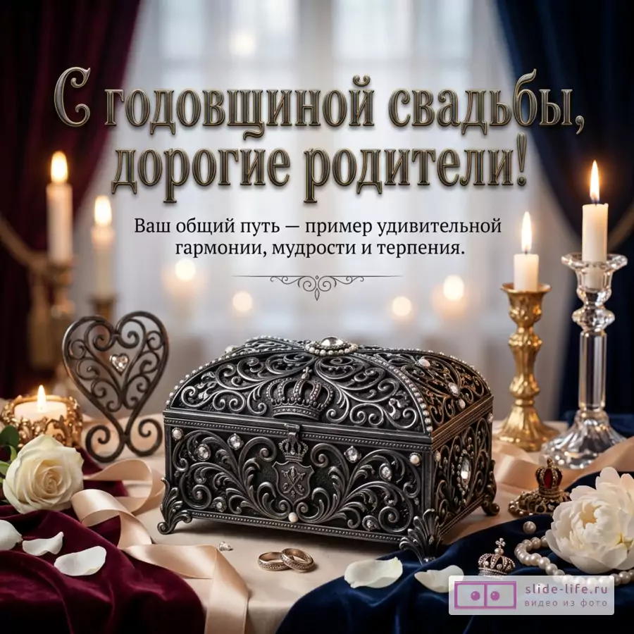 Открытка с текстом «С годовщиной свадьбы, дорогие родители! Ваш общий путь — пример удивительной гармонии, мудрости и терпения.», светлый фон, свечи, шкатулка, кольца, розы