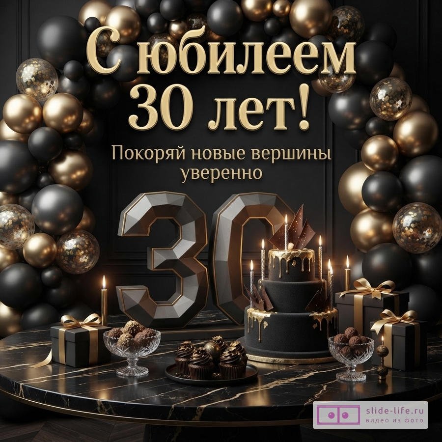 Черно-золотые воздушные шары, торт с зажженными свечами, цифра 30 и подарки на темном мраморном столе с надписью «С юбилеем 30 лет! Покоряй новые вершины уверенно».