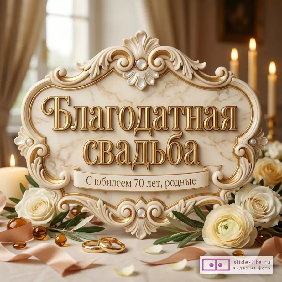 Резная кремово-золотая табличка с мраморной текстурой, белые розы, свечи, кольца, ленты, листья, текст «Благодатная свадьба С юбилеем 70 лет, родные»