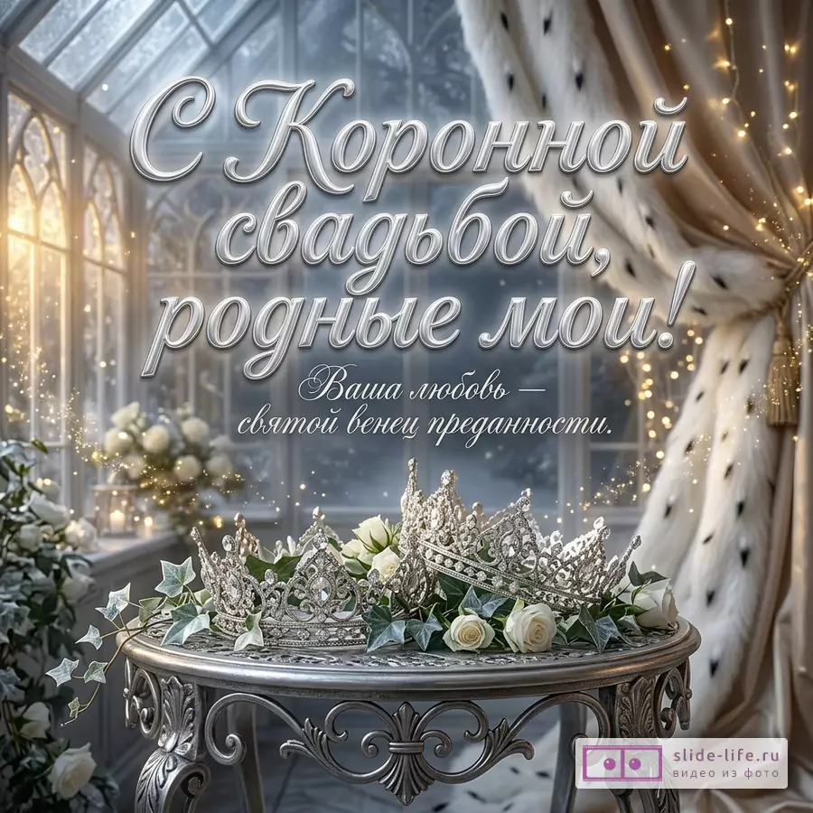 Две короны, жемчуг и белые розы на резном столике у окна, надпись: «С Коронной свадьбой, близкие мои! Ваша любовь — святой венец преданности.»