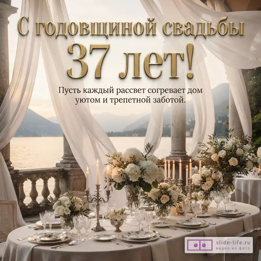 Фон с видом на озеро и горы, на переднем плане сервированный стол с белыми цветами и свечами. Текст: «С годовщиной свадьбы 37 лет! Пусть каждый рассвет согревает дом уютом и трепетной заботой.»