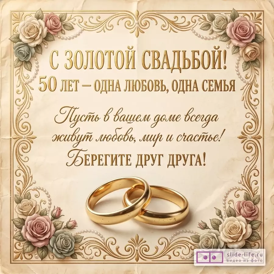 Бежевый состаренный фон, золотой орнамент с розами и жемчугом, два обручальных кольца, текст «С ЗОЛОТОЙ СВАДЬБОЙ!», «БЕРЕГИТЕ ДРУГ ДРУГА!»