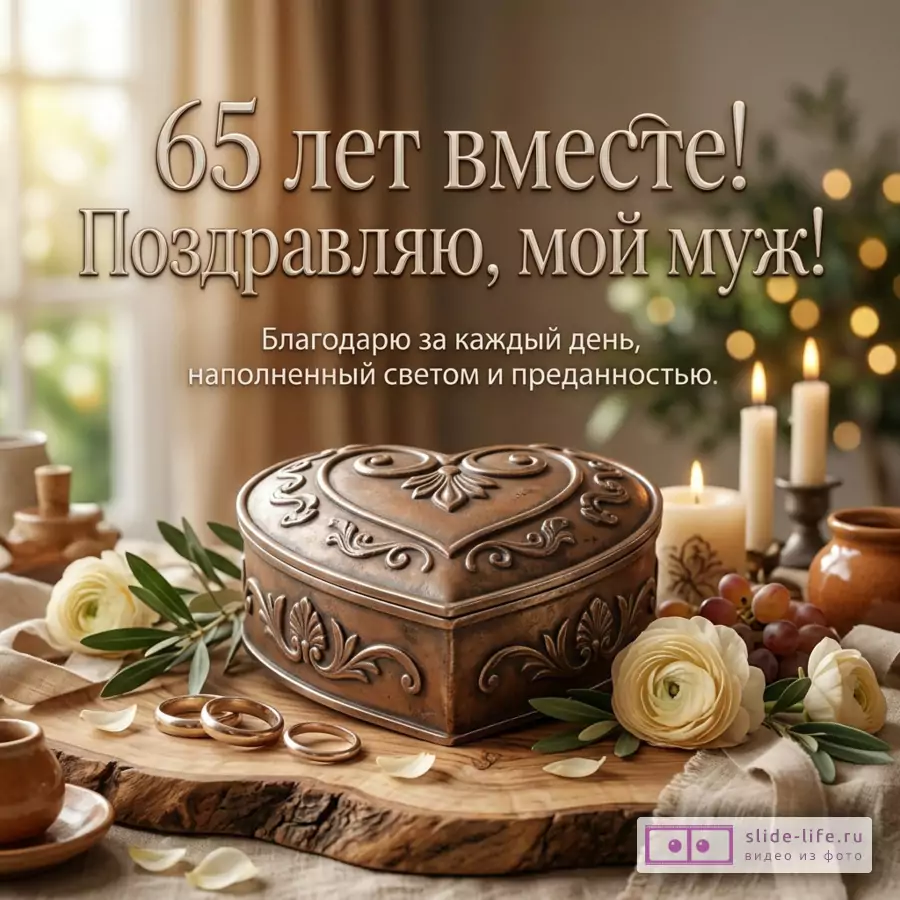 Бежевая открытка с окном и шторами, свечами, белыми цветами, виноградом, кольцами и металлическим сердцем, текст «65 лет вместе: поздравляю, мой муж! Благодарю за каждый день, наполненный светом и преданностью.»