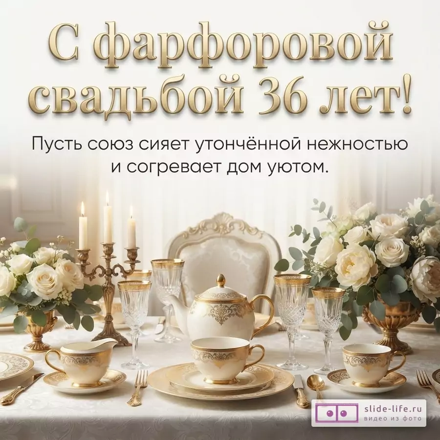 Белый фон, золотой текст «С фарфоровой свадьбой 36 лет!», черный текст «Пусть союз сияет утончённой нежностью и согревает дом уютом.», накрытый стол с фарфоровой посудой, цветами и свечами.