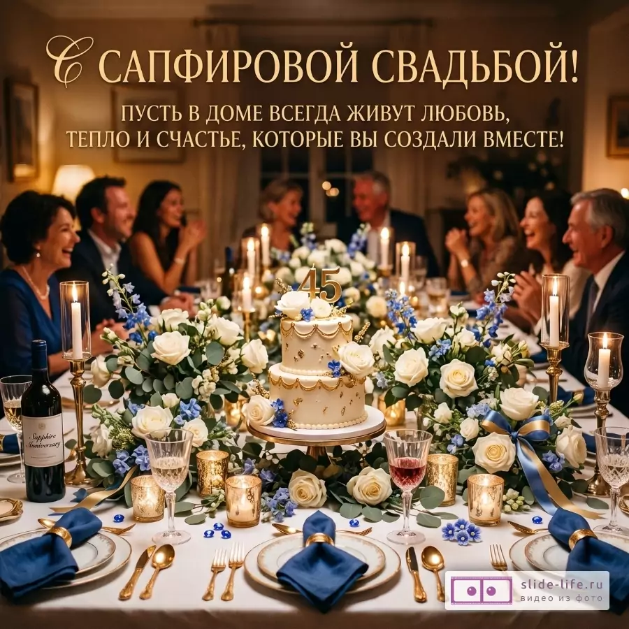 Поздравление с 45-летием свадьбы: торт с цифрой 45, белые розы, синие цветы, свечи, теплый бежевый фон. Текст: «С САПФИРОВОЙ СВАДЬБОЙ! ПУСТЬ В ДОМЕ ВСЕГДА ЖИВУТ ЛЮБОВЬ, ТЕПЛО И СЧАСТЬЕ, КОТОРЫЕ ВЫ СОЗДАЛИ ВМЕСТЕ!»
