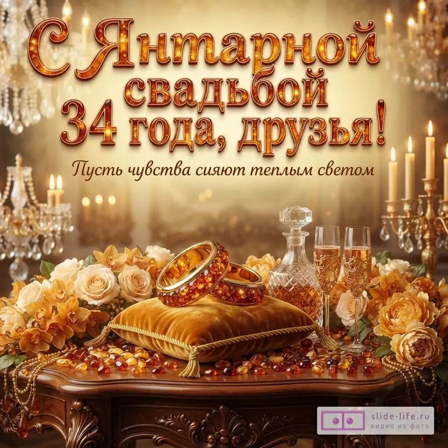 Золотистый фон, текст «С Янтарной свадьбой 34 года, друзья! Пусть чувства сияют теплым светом». На переднем плане стол с янтарными украшениями, цветами, бокалами и графином.