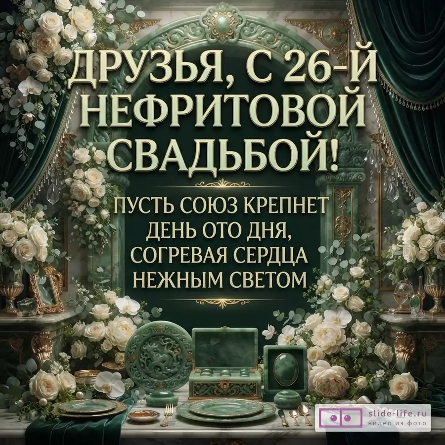 Зеленый нефритовый интерьер с белыми розами, сервировкой и надписью «ДРУЗЬЯ, С 26-Й НЕФРИТОВОЙ СВАДЬБОЙ! ПУСТЬ СОЮЗ КРЕПНЕТ ДЕНЬ ОТО ДНЯ, СОГРЕВАЯ СЕРДЦА НЕЖНЫМ СВЕТОМ».