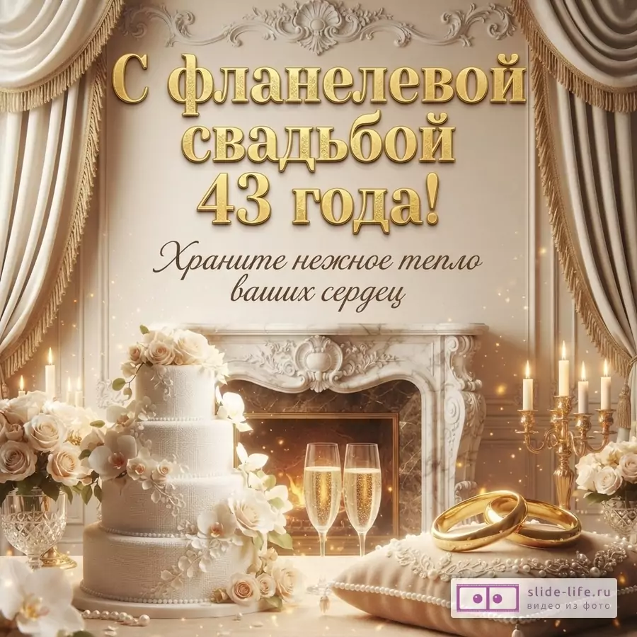 Открытка с бежевым фоном, золотыми шторами и камином. На переднем плане белый многоярусный торт, два бокала шампанского и два золотых кольца на подушке. Текст: «С фланелевой свадьбой 43 года! Храните нежное тепло ваших сердец»