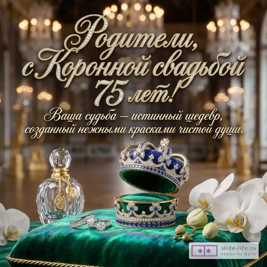 Шкатулка-корона, кольца и орхидеи на подушке с текстом: «Родители, с Коронной свадьбой 75 лет! Ваша судьба — истинный шедевр, созданный нежными красками чистой души.»