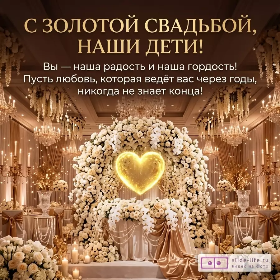 Золотисто-бежевый банкетный зал с цветочной аркой, сердцем и свечами; текст «С ЗОЛОТОЙ СВАДЬБОЙ, НАШИ ДЕТИ!». Белые цветы, хрустальные люстры, золотые ткани.