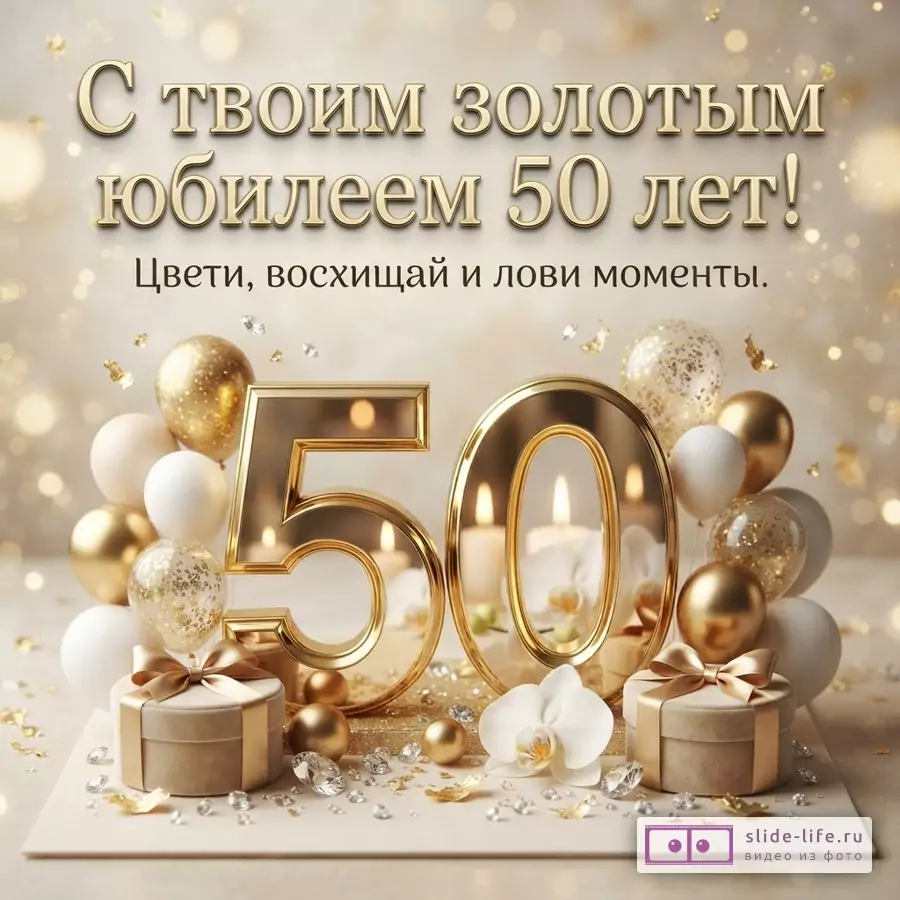Открытка с золотым фоном, боке, золотыми шарами, подарками, орхидеями. Текст: «С твоим золотым юбилеем 50 лет! Цвети, восхищай и лови моменты.»