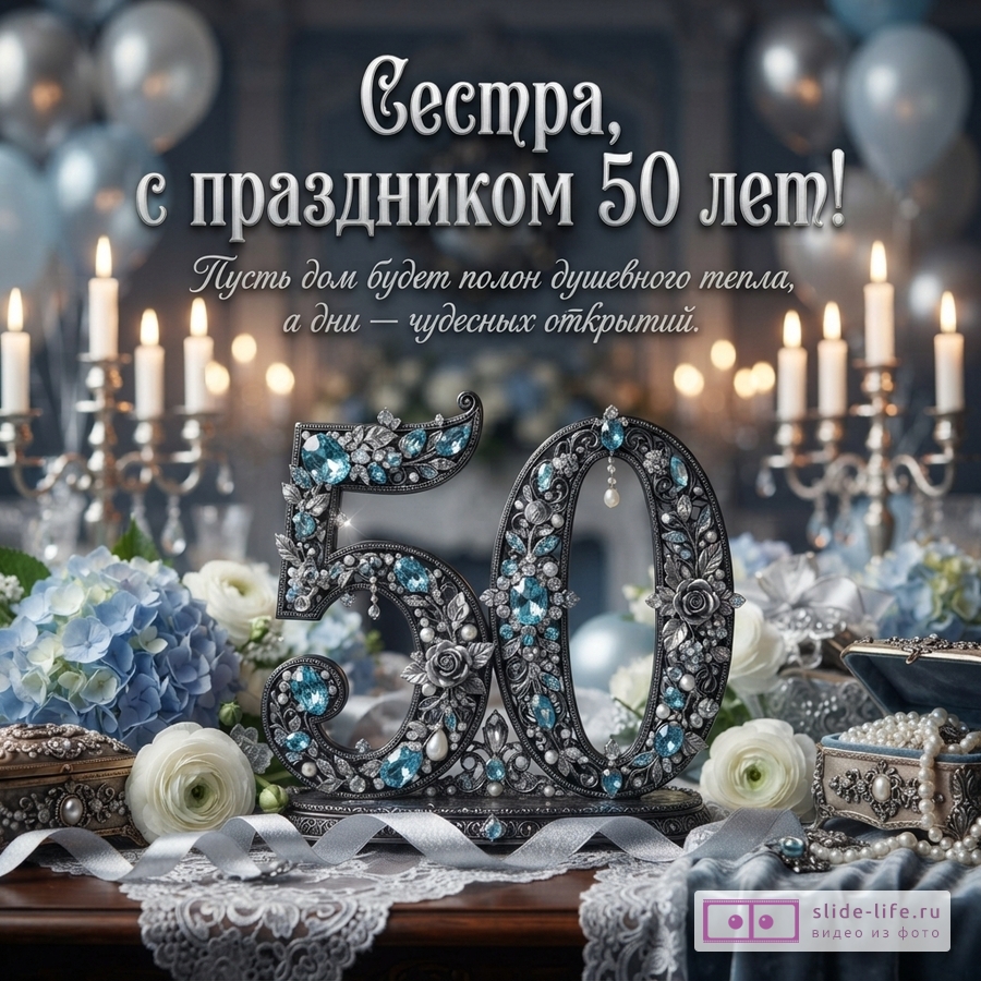 Темно-синий фон, белые воздушные шары, горящие свечи, синие и белые цветы, цифра «50» из камней и жемчуга. Текст: «Сестра, с праздником 50 лет! Пусть дом будет полон душевного тепла, а дни — чудесных открытий.»