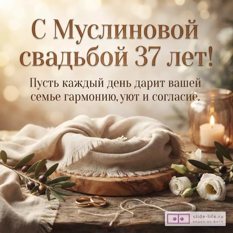 Светлый фон с боке, на переднем плане деревянный стол, на нем бежевая муслиновая ткань, два золотых обручальных кольца, ветка оливы, белые цветы, свеча в стеклянном подсвечнике. Текст: «С Муслиновой свадьбой 37 лет! Пусть каждый день дарит вашей семье гармонию, уют и согласие.»