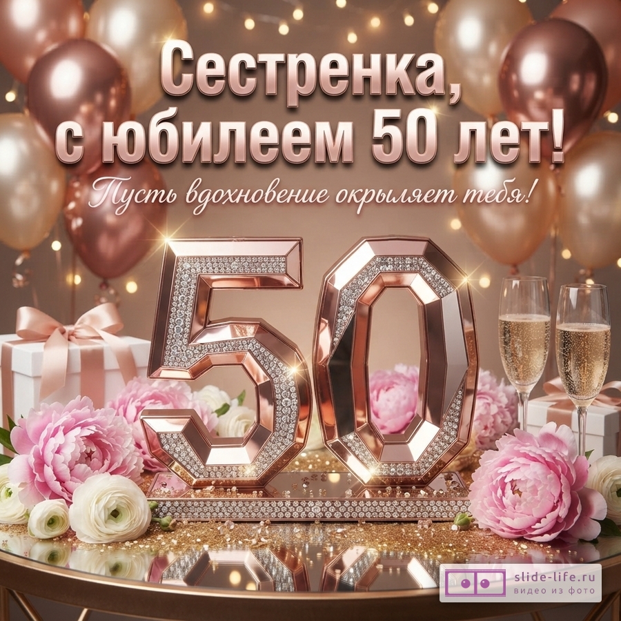 Фон бежевый, золотистые шары, гирлянда. Надпись «Сестренка, с юбилеем 50 лет! Пусть вдохновение окрыляет тебя!». Цифры 50 из розового золота со стразами. Розовые пионы, белые ранункулюсы, бокалы с шампанским, подарки.