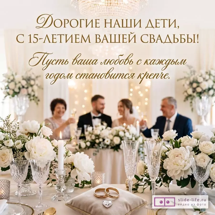 С хрустальной свадьбой 15 лет! Открытка детям от родителей с годовщиной свадьбы и теплыми пожеланиями