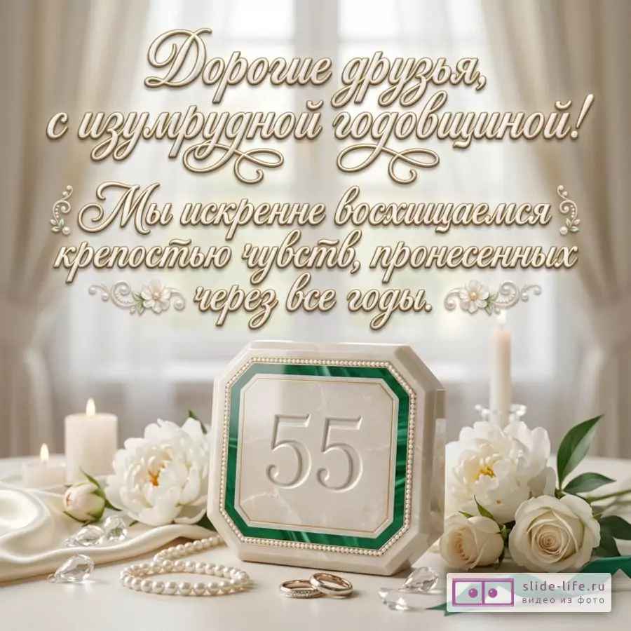 Открытка с текстом «Дорогие друзья, с изумрудной годовщиной! Мы искренне восхищаемся крепостью чувств, пронесенных через все годы.» бежевый фон, белые цветы, свечи, кольца, жемчуг, цифра 55, зеленая лента
