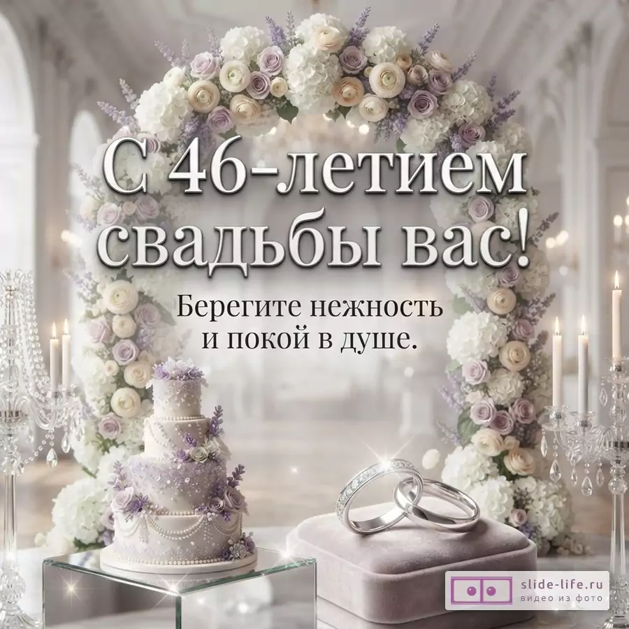 Светлый фон, цветочная арка из белых и сиреневых цветов, свадебный торт, обручальные кольца. Текст: «С 46-летием свадьбы вас! Берегите нежность и покой в душе.»
