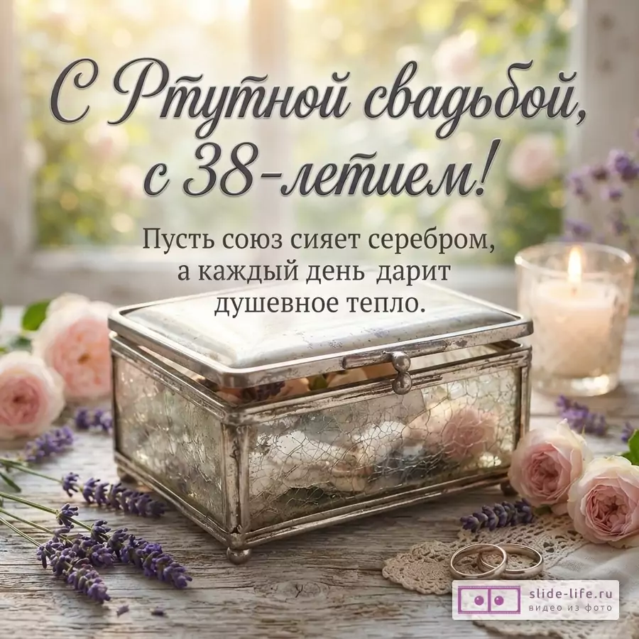 Открытка с Ртутной свадьбой, 38 лет. На фоне окна стоит шкатулка, рядом цветы лаванды и розы, свеча, обручальные кольца. Текст: «С Ртутной свадьбой, с 38-летием! Пусть союз сияет серебром, а каждый день дарит душевное тепло.»