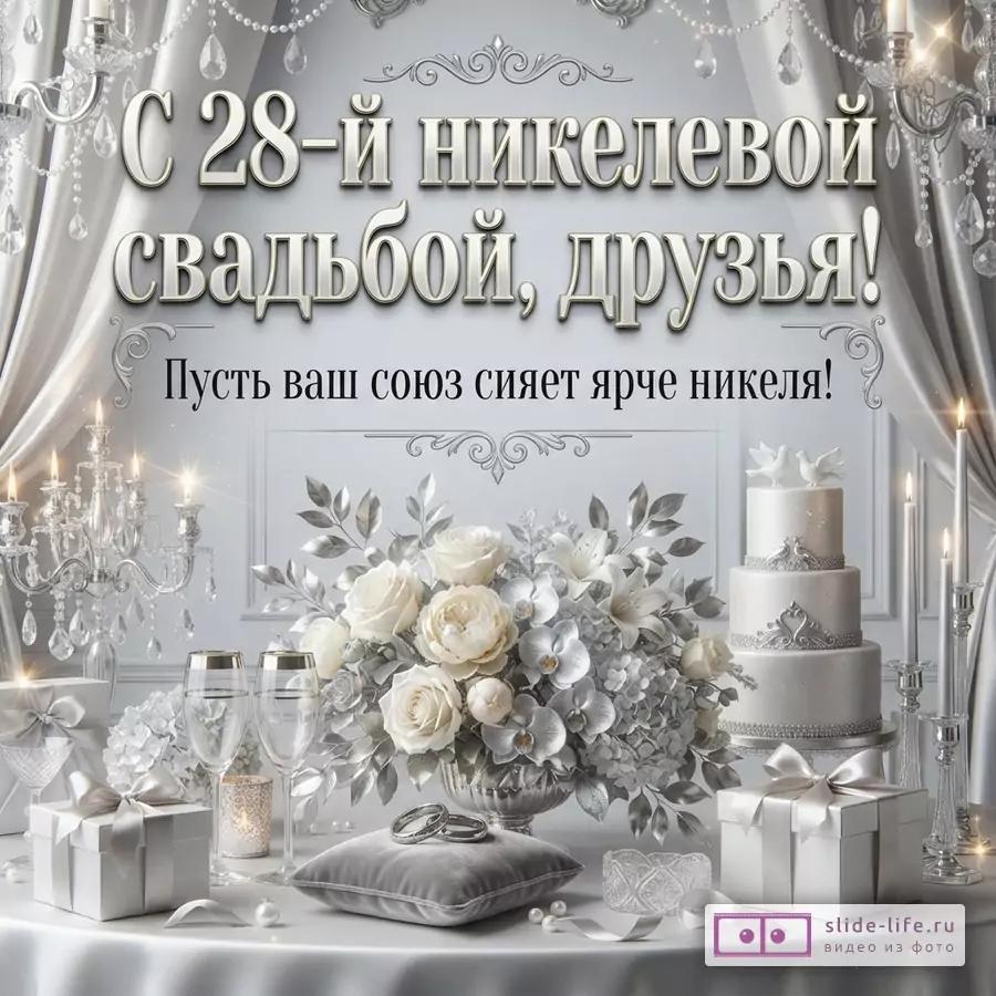 Открытка с никелевой свадьбой, фон серый, шторы, люстры, на столе цветы, подарки, торт, свечи, бокалы. Текст: «С 28-й никелевой свадьбой, друзья! Пусть ваш союз сияет ярче никеля!»
