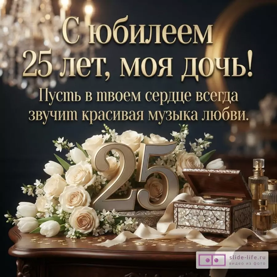 Объемная цифра 25 среди белых роз, открытая шкатулка и флаконы на деревянном столе с надписью «С юбилеем 25 лет, моя дочь! Пусть в твоем сердце всегда звучит красивая музыка любви.»